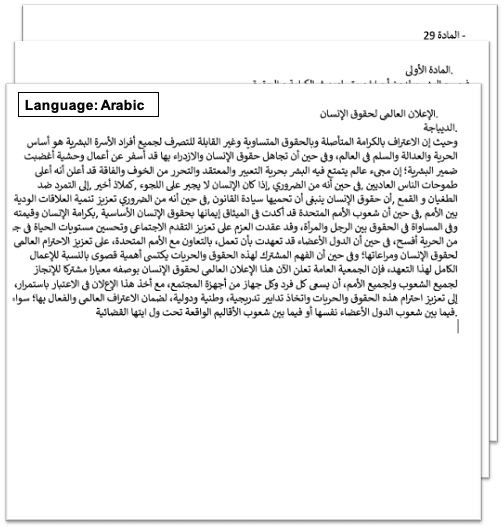 screenshot of a input sample scanned document (UN Declaration of Human Rights) translated from English to Arabic as output
