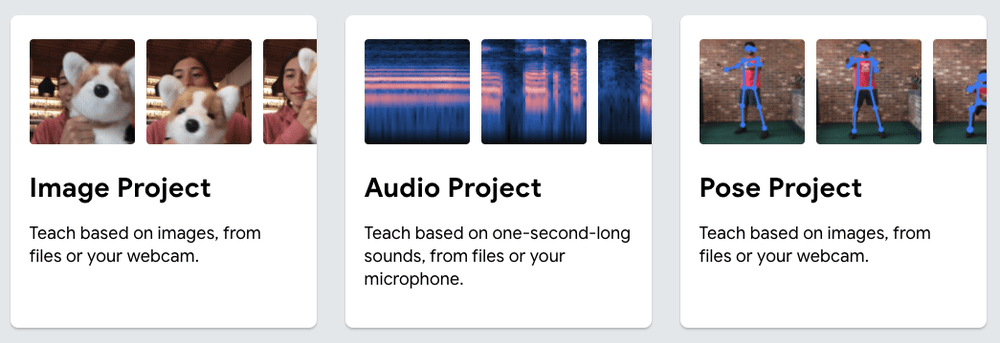 Screenshot of three projects you can use teachable machine to do: image project, audio project, or pose project.