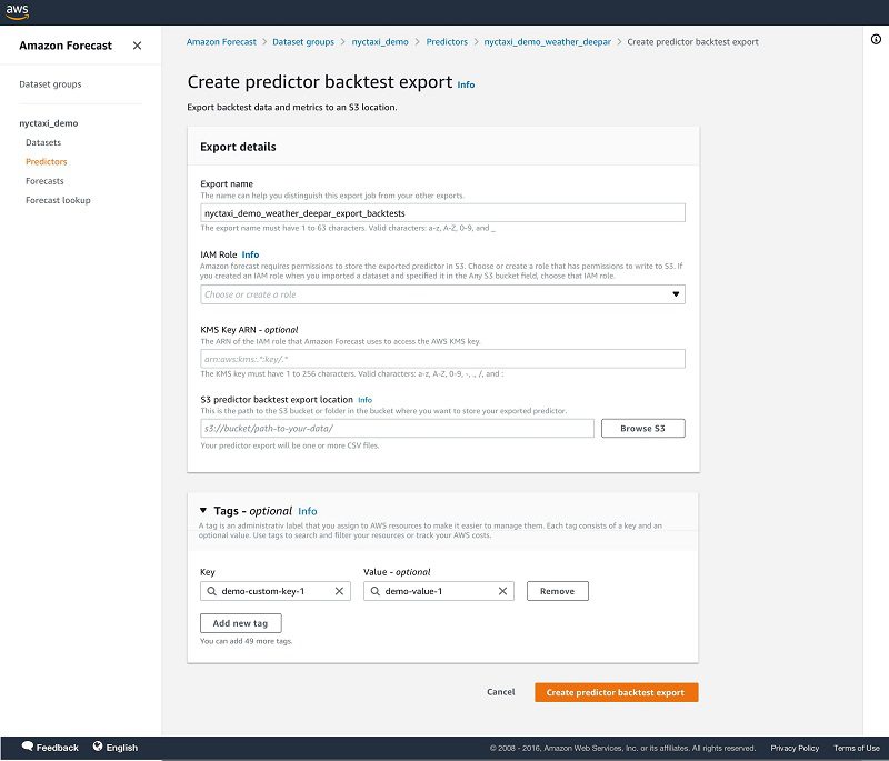 For S3 predictor backtest export location, enter the details of your Amazon Simple Storage Service (Amazon S3) location for exporting the CSV files.