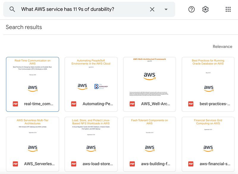The first query I test is “What AWS service has 11 9s of durability?” The following screenshot shows the Google Drive output.