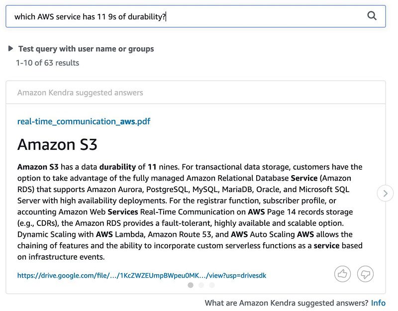 The following screenshot shows the query results in Amazon Kendra.