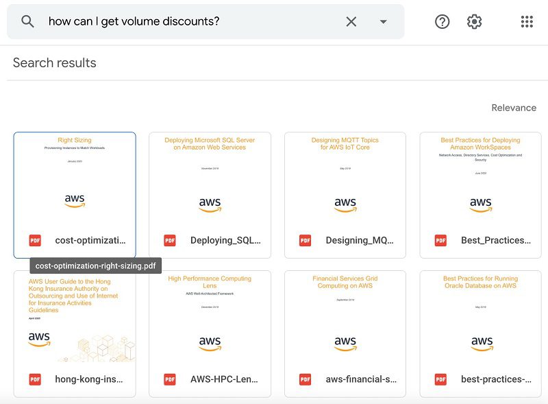 The third query is “How can I get volume discounts?” The following screenshot shows the response from Google Drive.