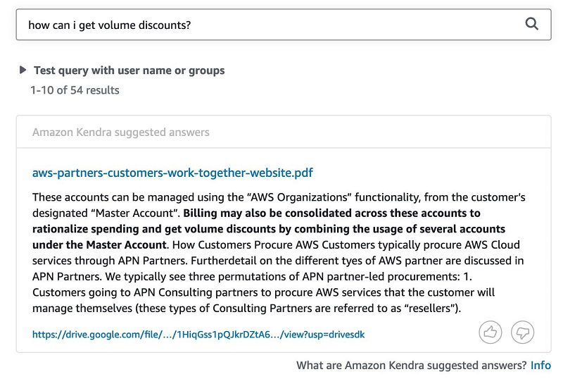 The following screenshot shows the query results in Amazon Kendra. 