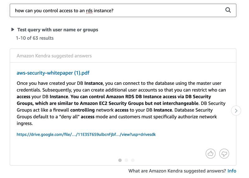 The fourth query is “How can you control access to an RDS instance?” The following screenshot shows the Google Drive response.