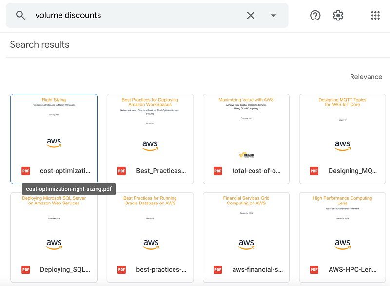 Instead of natural language search, let's try the keyword search “volume discounts.” The following screenshot shows the Google Drive response.