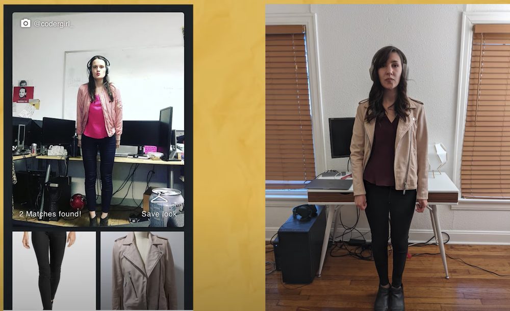 Image showing two screens; on the left, a woman is standing in a room wearing a fashionable outfit with the items that make up that outfit in two panels below her. In the other is another woman, wearing a similar outfit.