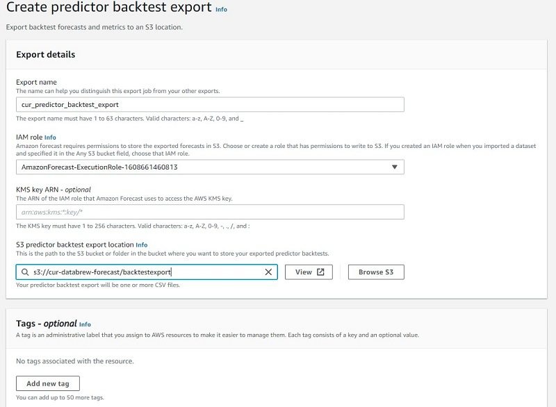 For S3 predictor backtest export location, enter the S3 path where you want Forecast to export the accuracy metrics and forecasted values.