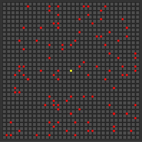 In the following visualization of the problem, displayed as a top-down map of a section of a city, the warehouse is shown as a yellow dot, and each delivery stop is shown as a red dot.
