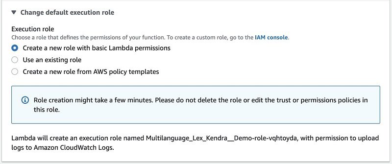 For Execution role, select Create a new role with basic Lambda permissions.