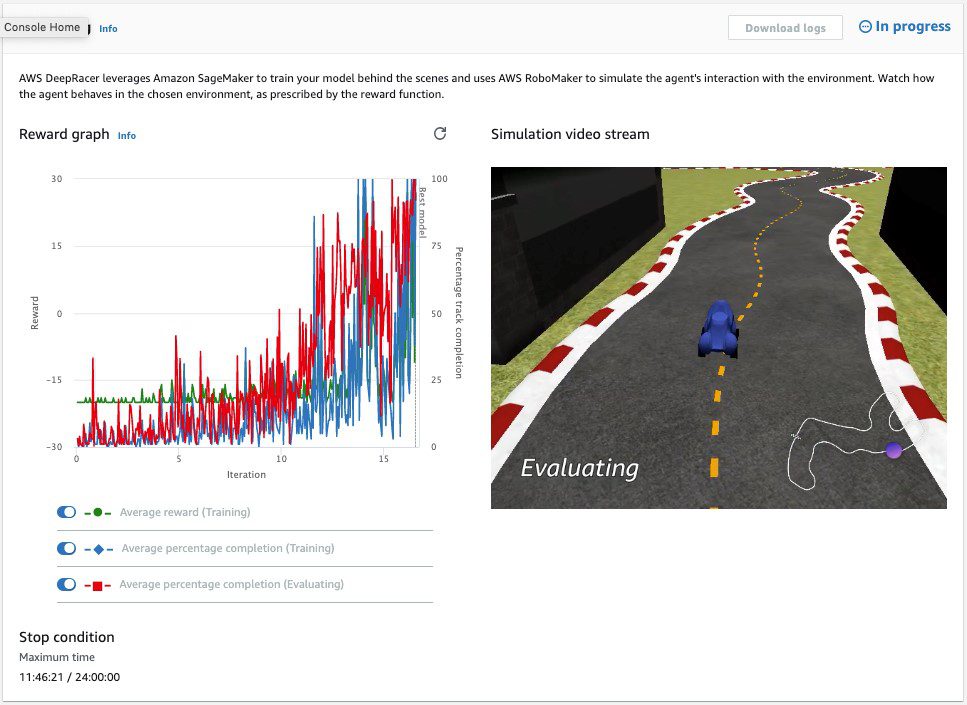 When the training starts, the model dashboard shows the progress of training along with the live streaming of the simulator.