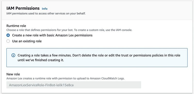 For Runtime role, select Create a new role with basic Amazon Lex permissions.
