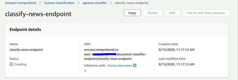 Copy the endpoint ARN as shown in the following screenshot.