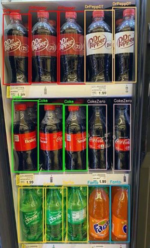 The image shows a vertical refrigerator with 3 shelves: the first shelf with 3 Dr. Peppers and 2 Diet Dr. Peppers, the second shelf with 3 Regular Cokes and 2 Coke Zeros, and the third shelf with 3 Sprites and 2 Fantas.