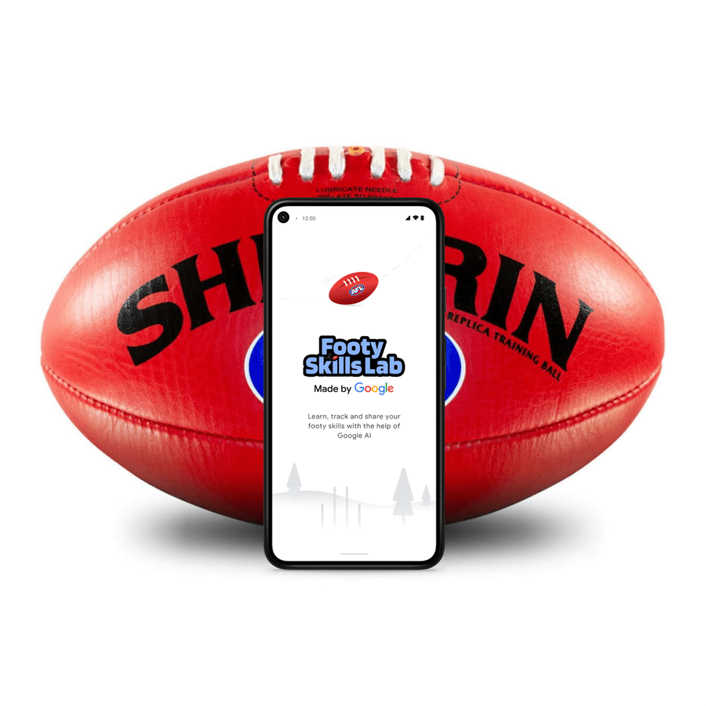 A graphic showing a phone with the Footy Skills Lab app open, in front of a Sherrin football.