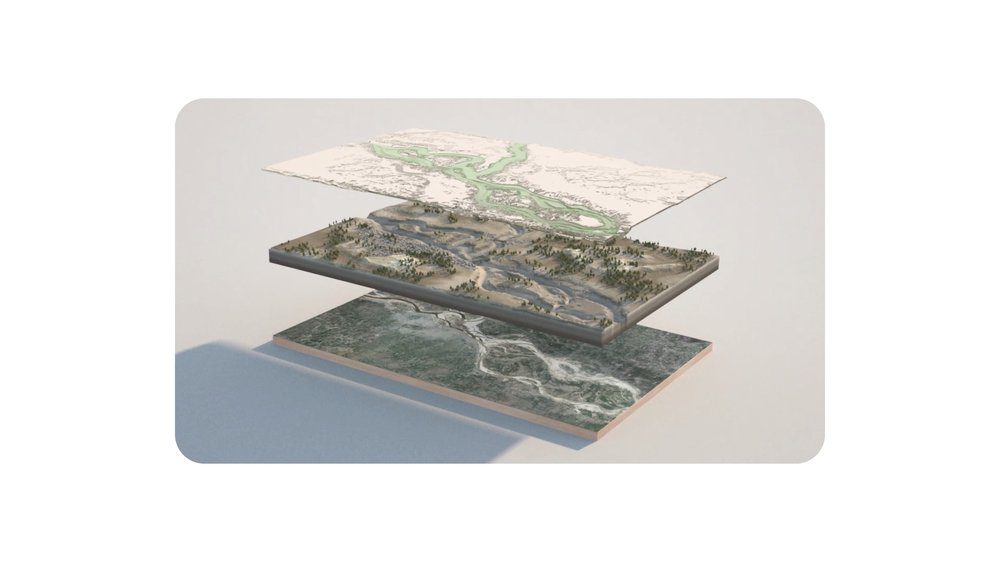 A visualization of Google’s flood forecasting system, with three 3D maps stacked on top of one another, showing landscapes and weather patterns in green and brown colors. The maps are floating against a gray background.