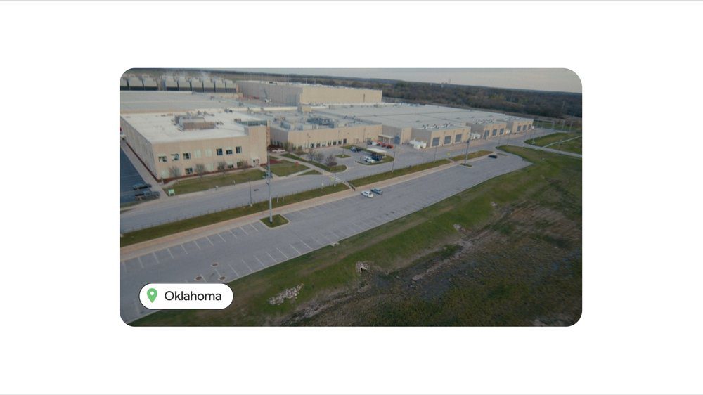 Still image of a data center with Oklahoma map pin on bottom left corner.