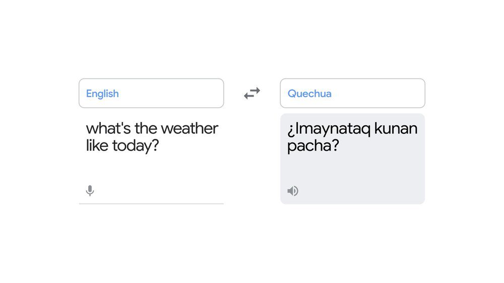 Two boxes, one showing a question in English — “What’s the weather like today?” — the other showing its translation in Quechua. There is a microphone symbol below the English question and a loudspeaker symbol below the Quechua answer.