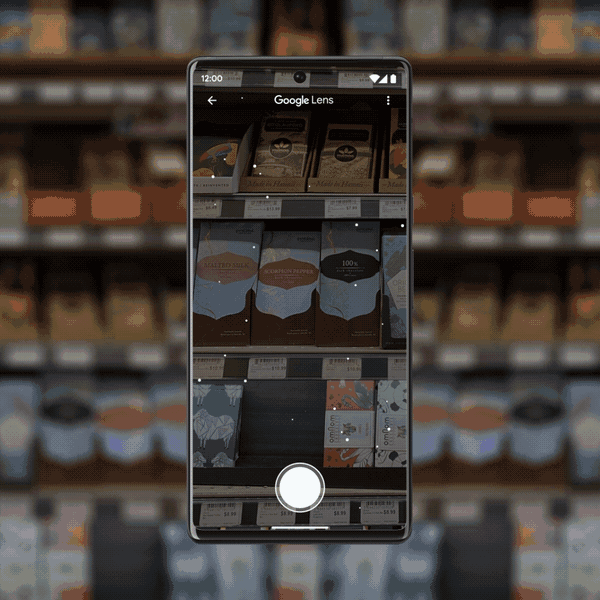Gif shows a phone camera pointed towards a rack of shelves, generating helpful information about food items. Text on the screen shows the words ‘dark’, ‘nut-free’ and ‘highly-rated’.