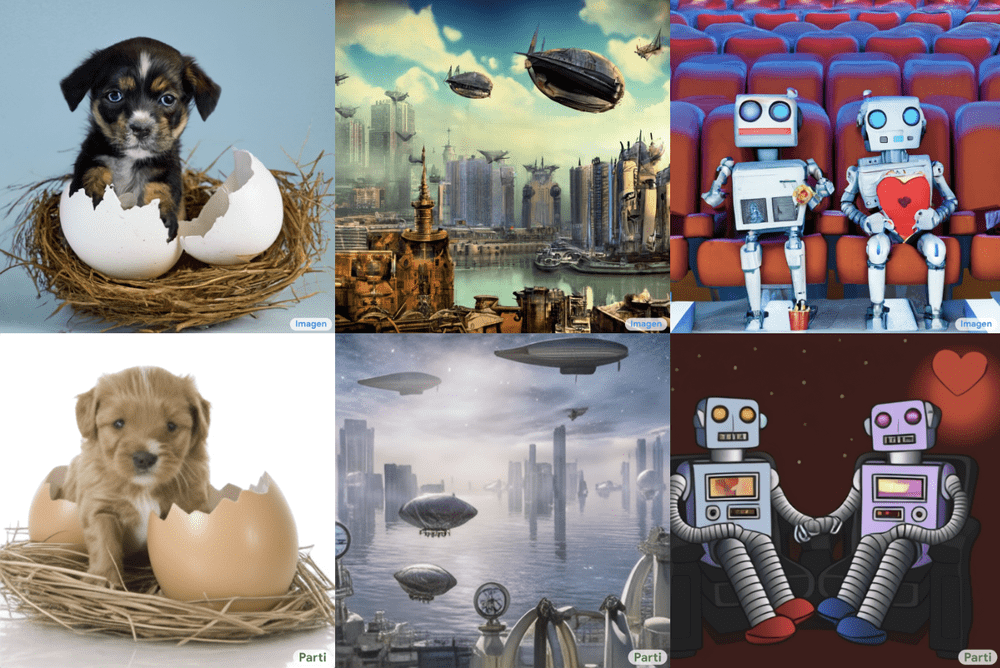 Pictures of puppy in a nest emerging from a cracked egg. Photos overlooking a steampunk city with airships. Picture of two robots having a romantic evening at the movies.
