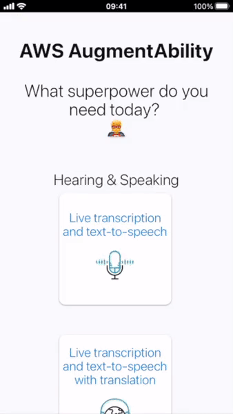 Animated screenshot showcasing the “Live transcription and text to speech” feature of AWS AugmentAbility.