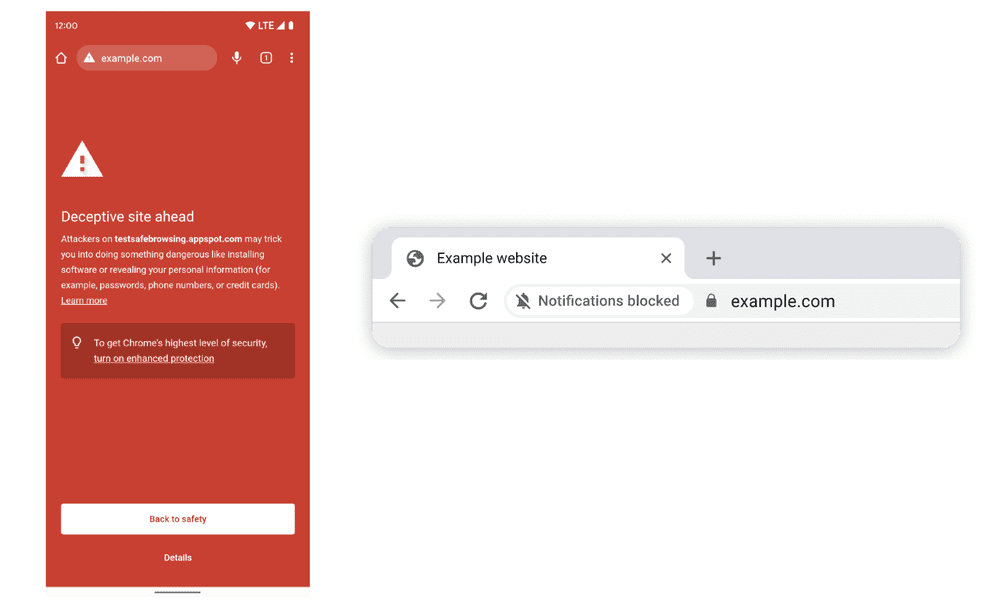 Two separate images side by side. The first on the left is a smartphone showing a red screen and a warning message about phishing. The image on the right shows a Chrome browser window showing a pop-up message saying “Notifications blocked”.