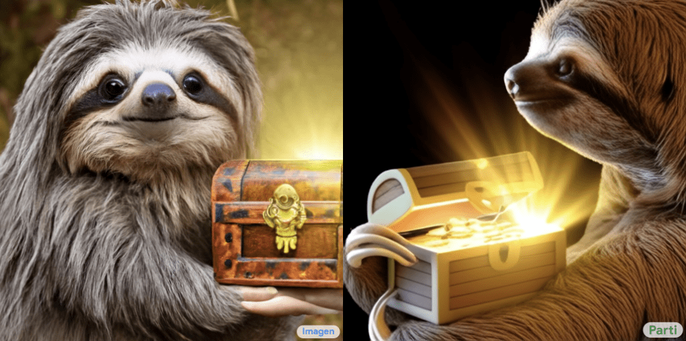 A picture of a cute sloth holding a small treasure chest. A bright golden glow is coming from the chest