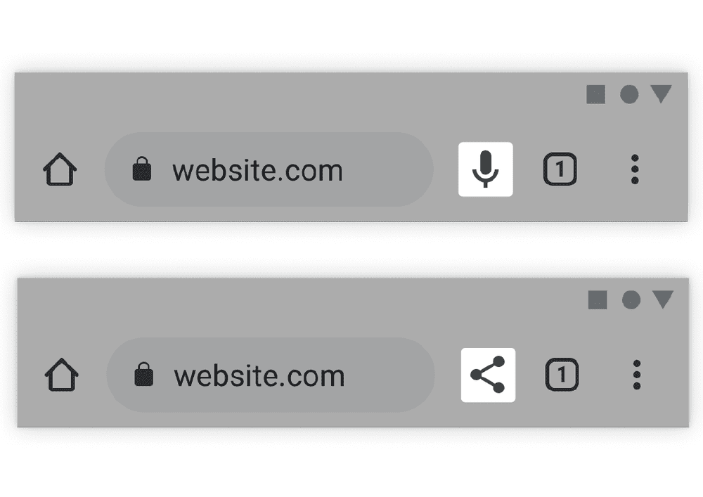 A Chrome browser with a highlighted square around an icon to the right of the address bar. At the top is a share icon, and at the bottom is a microphone icon.