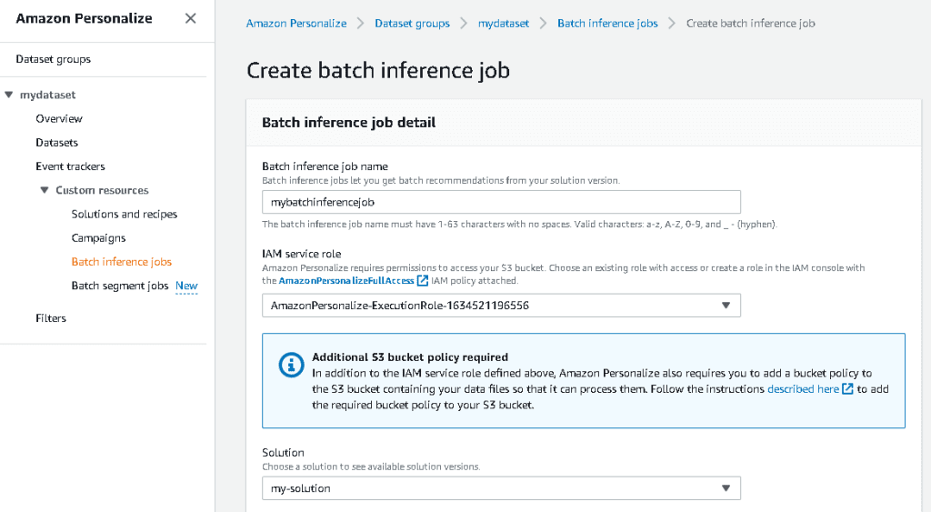 Amazon Personalize - create batch inference job
