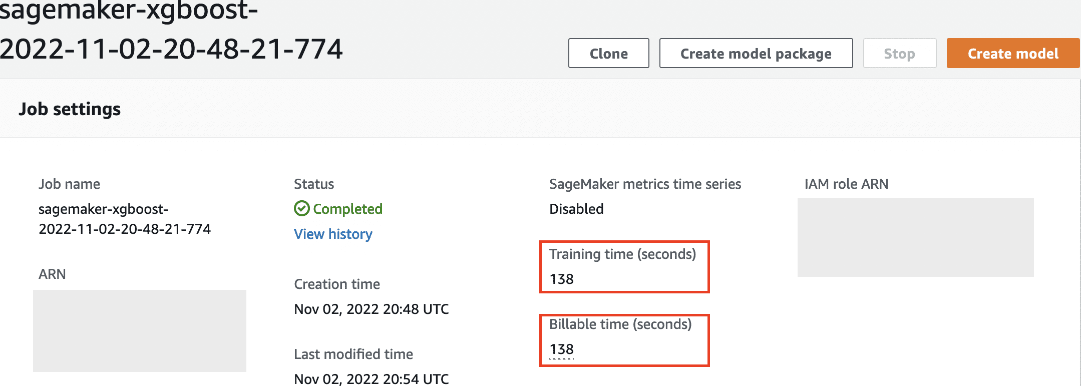 Console view of a single SageMaker Training job