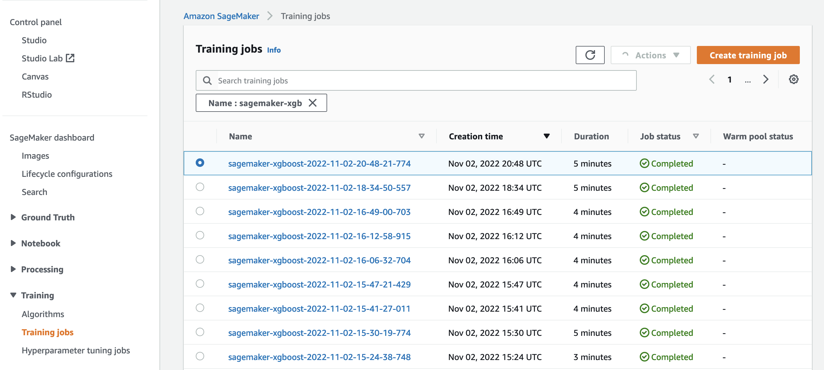 Console view of SageMaker Training jobs