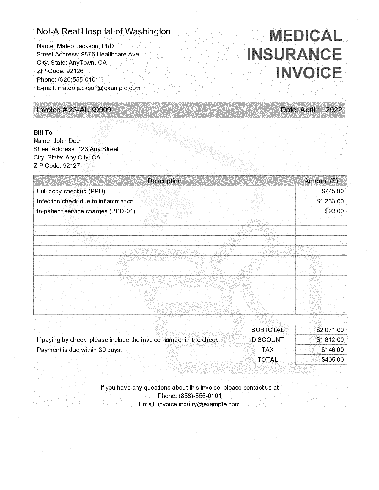 A sample of insurance invoice