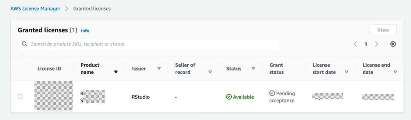 AWS License Manager console with Granted licenses
