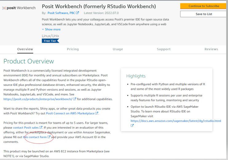 Fig 4: Contact from link in Posit Workbench product page