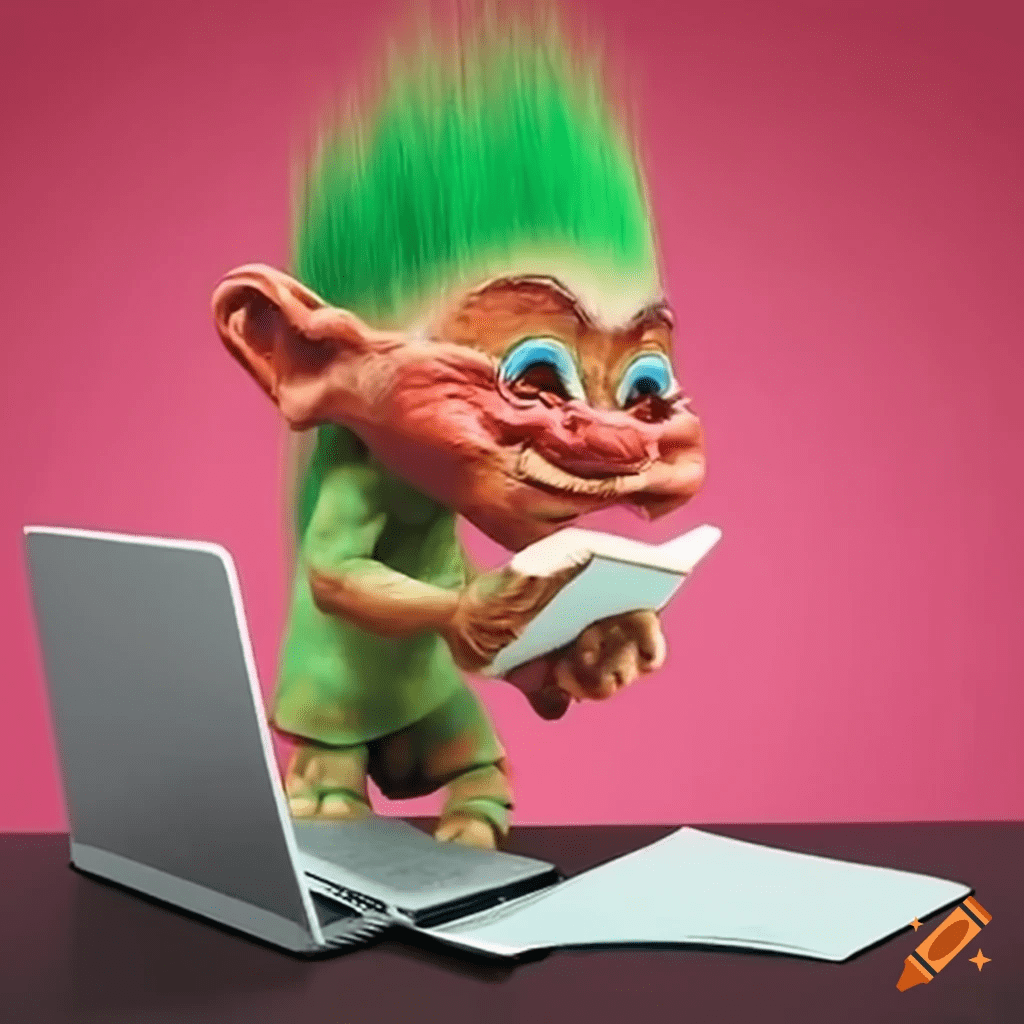 A troll reading patents on an office desk