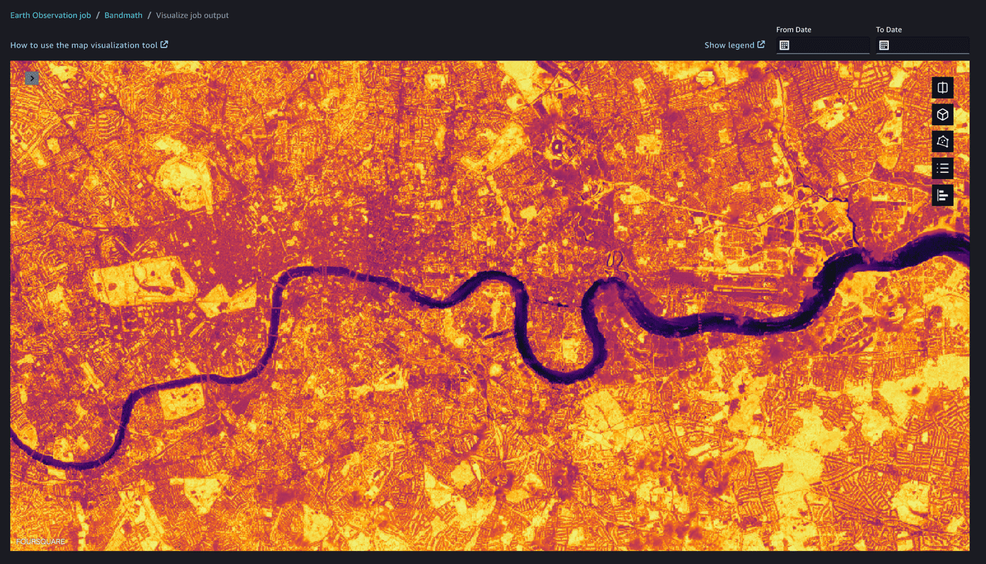 SageMaker geospatial job visualisation of analysis showing central London