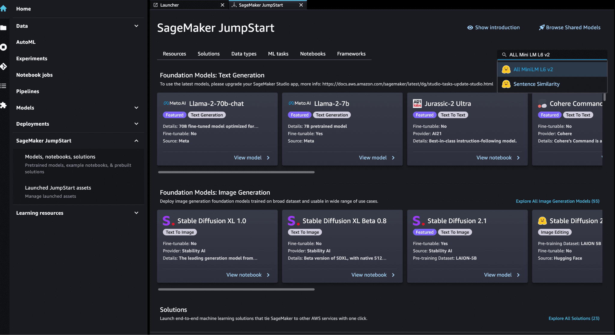 SageMaker JumpStart Models, notebooks, solutions