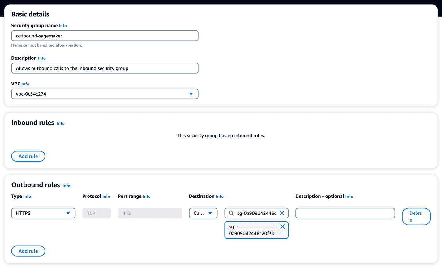 configure security group for connect to AWS services using AWS PrivateLink