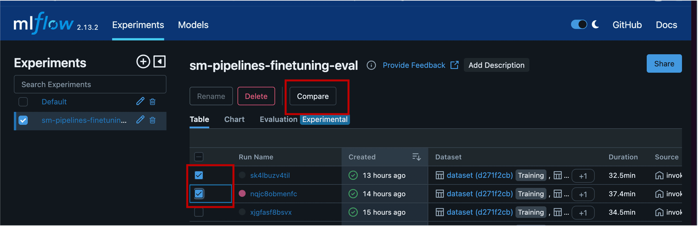 Select runs in experiment to compare