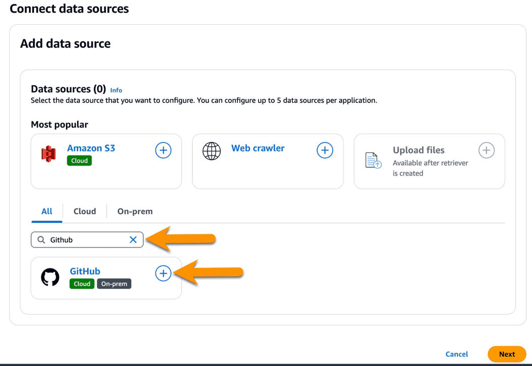 Amazon Q Business already has connector for Github. Type Github in the search box, from the search results GitHub, click on the Plus icon.