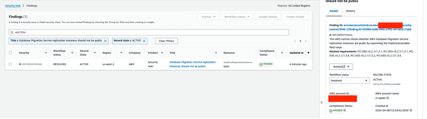 Figure 5 : Validation of successful remediation of AWS Security Hub Control Finding